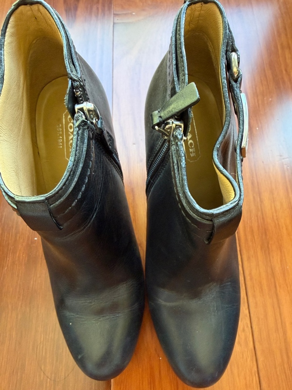 Coach Black Leather Ankle Booties with Side Zip & Buckle Detail